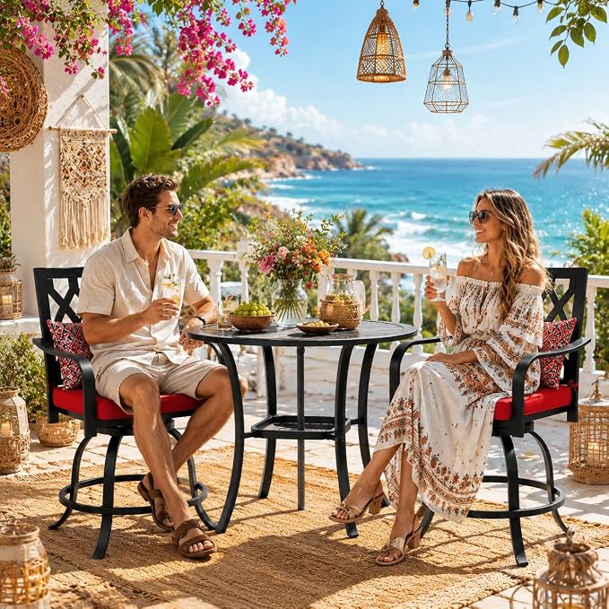 DWVO Metal Outdoor Bar Stools Set of 8, Heavy-Duty Bar Height Outdoor Chairs 352 Lbs Capacity, All-Weather E-Coated Swivel Barstools with Red Cushion & Pillow for Patio Deck Balcony