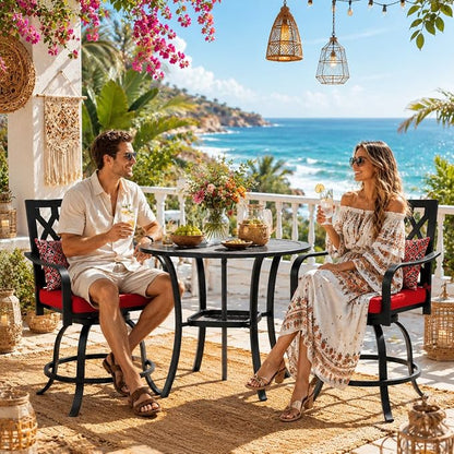 DWVO Metal Outdoor Bar Stools Set of 8, Heavy-Duty Bar Height Outdoor Chairs 352 Lbs Capacity, All-Weather E-Coated Swivel Barstools with Red Cushion & Pillow for Patio Deck Balcony