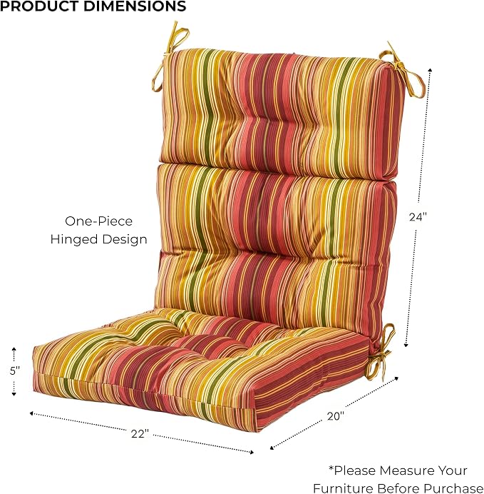 Outdoor Tufted High-Back Chair Cushions, One-Piece Hinged Seat and Back Design, Reversible with 4 Ties, Durable Polyester Fabric, Recycled Fiber Fill - Set of 2, Kinnabari Stripe