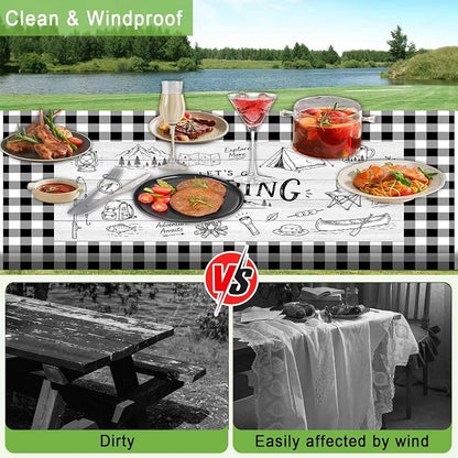 JAWO Black White Buffalo Plaid Picnic Table Cover with Bench Covers, Camper RV Essentials Gear Supplies Outdoor Waterproof Windproof Tablecloth with Elastic, 30X96in