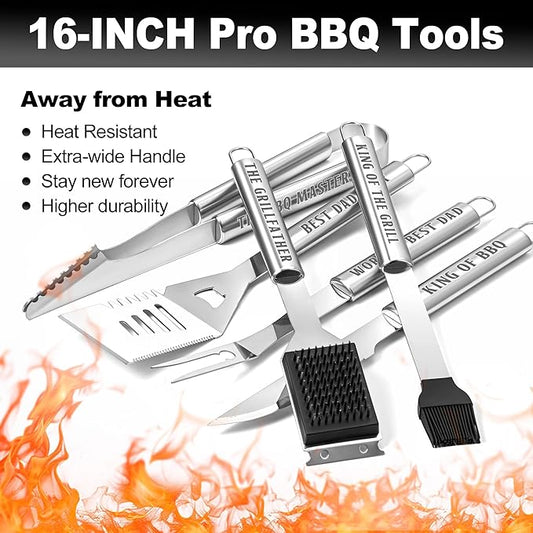 Dad Gifts from Daughter, Dad Grilling Accessories Gift for Birthday Valentines Day, Heavy Duty Stainless Steel BBQ Grill Tools for Outdoor Grill with Aluminum Case, Grill Utensils Set for Fathers Day