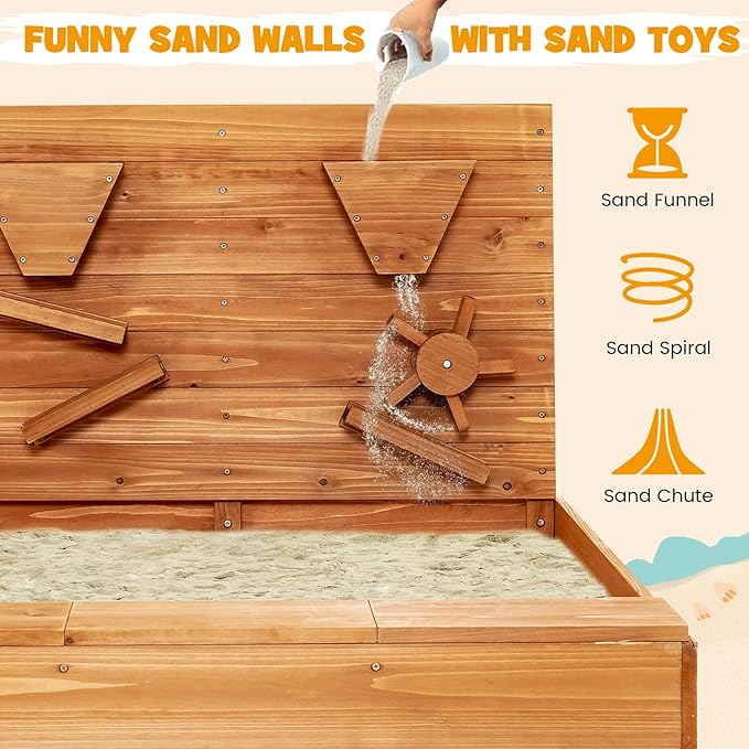 Costzon Kids Sandbox, Wooden Sand Pit w/Storage Boxes & Protective Bottom Liner, Outdoor Sand Box for Kids Age 3+ Backyard Garden Beach (with Sand Wall)