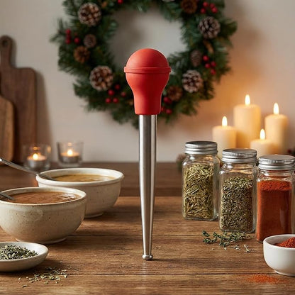 Upgraded Large Turkey Baster with Silicone Brush, Stainless Steel Heavy Duty Baster Syringe for Meat Cooking with Cleaning Brush & 2 Detachable Needles (Red)