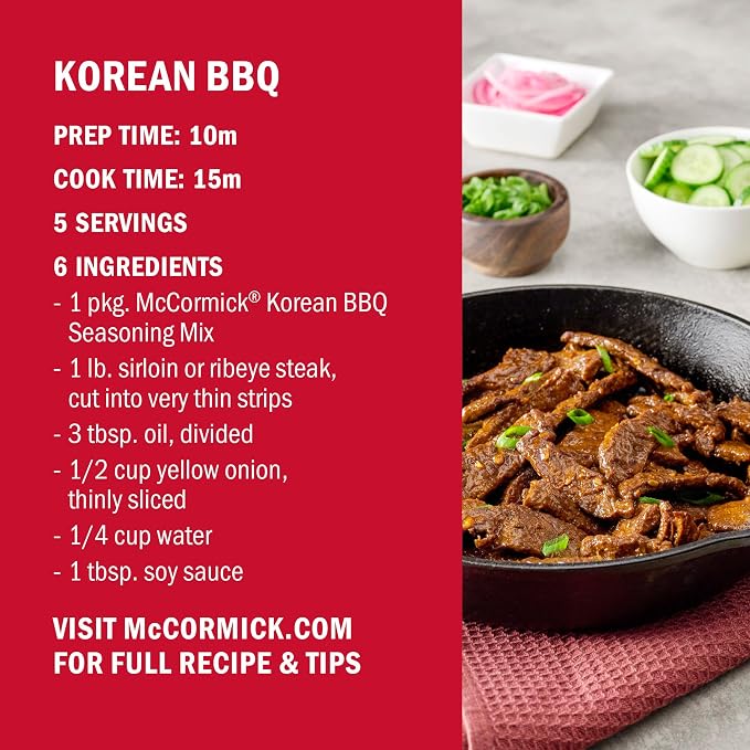 McCormick Seasoning Mix, Korean BBQ, For Sweet & Savory Korean BBQ Steak in Just 25 Minutes, 1.12 oz (Pack of 12)