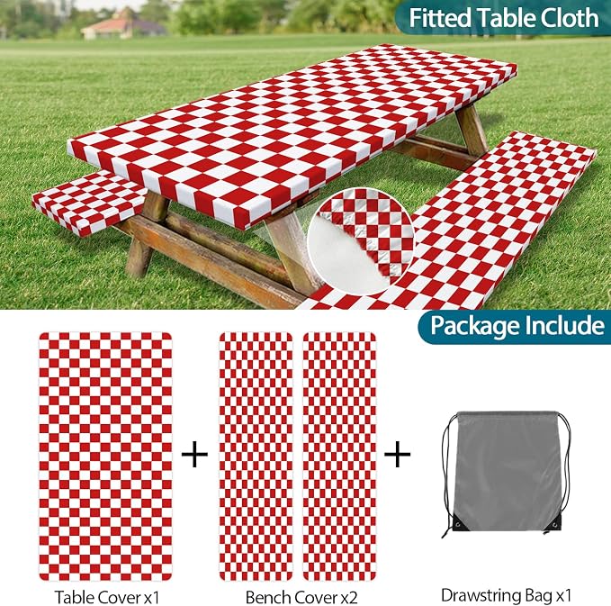 Picnic Table Cover with Bench Covers and Bag, Red and White Checkered Gingham Buffalo Plaid Camping Tablecloth Waterproof Windproof Elastic Edges Fitted Tablecloths for Outdoor Garden 3PCS 30x72 Inch