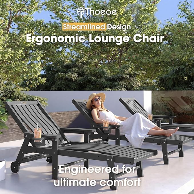 THOEOE Patio Chaise Lounge Chair Set of 4, Lounge Chair Outdoor with 5 Positions, HDPE, Patio Lounge Chair with Wheels & Cup Holder for Pool, Deck, Poolside,Grey