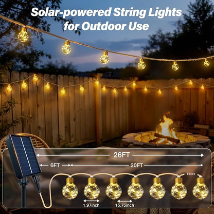 Ollny 26FT Solar String Lights Outdoor, Waterproof Remote Control Patio Lights with 16 LED Shatterproof Bulbs, Dimmable Timers & 8Modes Memory Function Vintage Hemp Rope Lights for Garden Bistro Fence