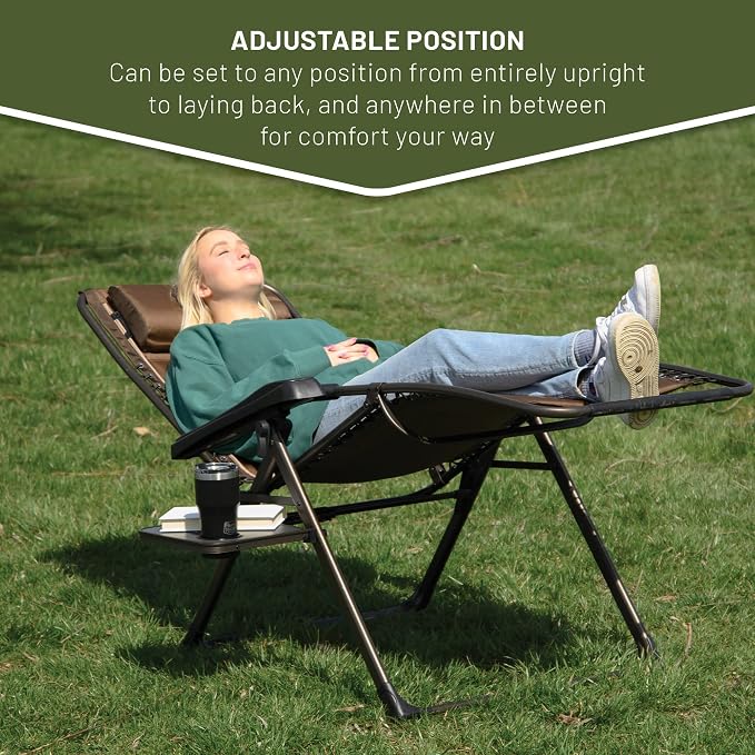 TIMBER RIDGE Zero Gravity Chairs, Folding Recliner Chair Padded with Cup Holder and Headrest, Adjustable Lounge Reclining Chair for Outdoor Camping Lawn Patio Indoor, Supports 350lbs, Brown | Padded Foldable Lounger with Sliding Headrest and Cup Holder...