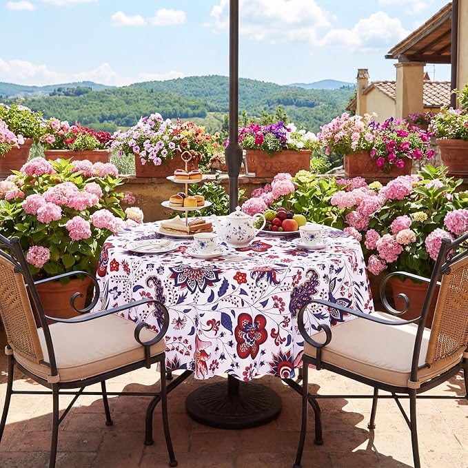 SquarePie 60'' Round Outdoor Tablecloth with Umbrella Hole and Zipper, Water Resistant SpillProof Patio Table Cloth for Spring Summer Camping Garden Poolside Picnic BBQS, Gorgeous Flowers