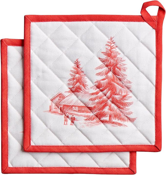 Maison d' Hermine Pot Holders Set 100% Cotton Heat Resistant Potholders 8" x 8" Hot Pads with Loop for Thanksgiving Christmas Decorations BBQ Cooking Baking Handling Hot Pans (Pack of 2, Winter Jouy)