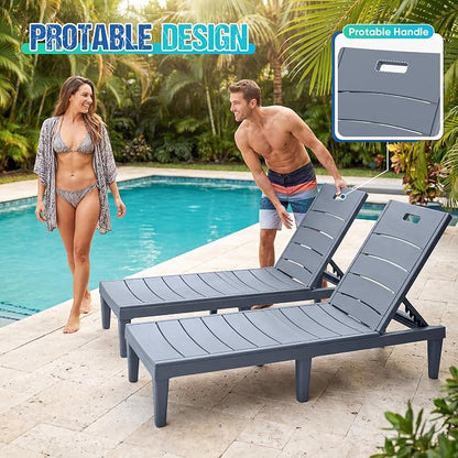 Greesum 4-Pack Adjustable Chaise Loungers, Gray | 5-Pos Recline, Waterproof PP, UV/Fade-Resist, Stackable, Easy-Clean, Patio/Pool/Beach, Tool-Free
