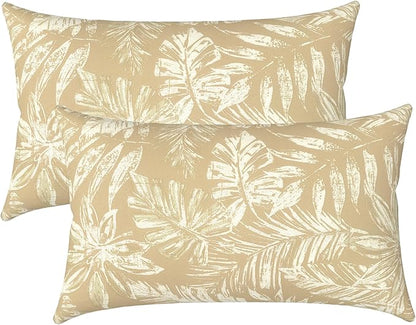LVTXIII Outdoor Lumbar Pillow Covers Only Set of 2 Patio Decorative Pillow Cases, Water Repellent Lumbar Cushion Cases for Sofa, Patio Couch Garden Use, 12x20 Inch, Tropical Leaf Oat
