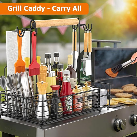 Toncoke Large Grill Caddy with Paper Towel Holder & Side Hooks, All-in-One BBQ Tool Organizer with Adjustable Dividers, Rustproof for Outdoor Kitchen, Camping, RV - Black