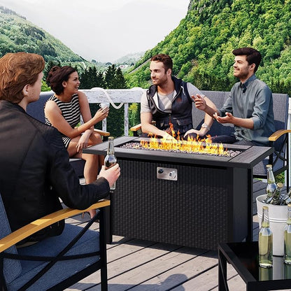 45in Fire Table, Propane Fire Pit with Red Lava Rocks and Rain Cover, Outdoor Firepit Table with Tile Top 50000 BTU 2-in-1 Fire Table for Patio/Yard/Balcony, Gray Tabletop