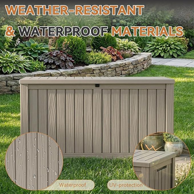 180 Gallon Outdoor Storage Box Waterproof, Resin Lockable Deck Box with Lid, Large Capacity Weatherproof Container for Patio Furniture, Side Table and Cushions(Grey, 180 Gallon)