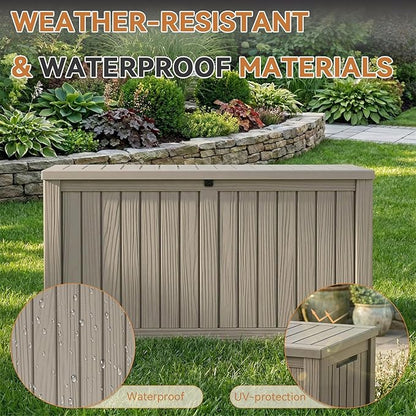 180 Gallon Outdoor Storage Box Waterproof, Resin Lockable Deck Box with Lid, Large Capacity Weatherproof Container for Patio Furniture, Side Table and Cushions(Grey, 180 Gallon)
