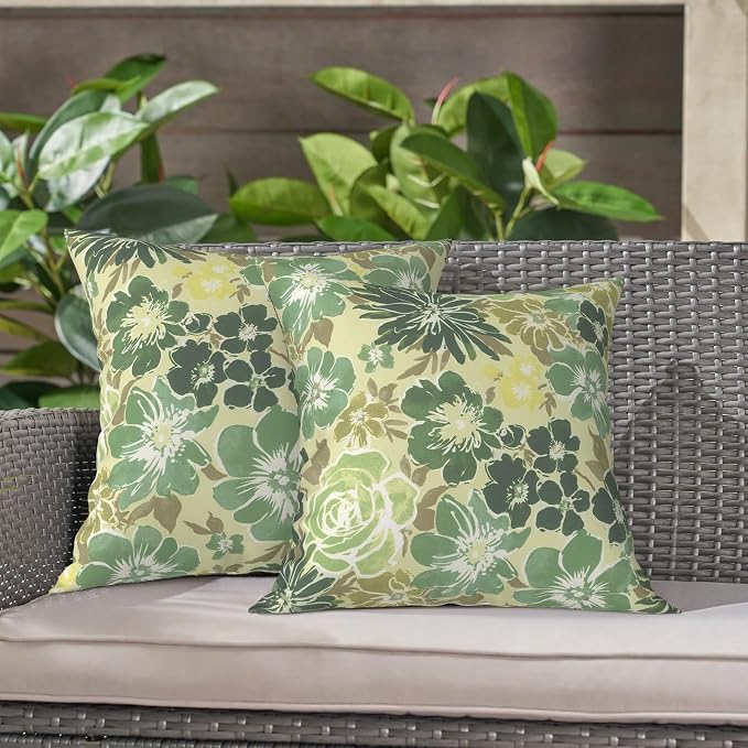LVTXIII 2 Pack Outdoor Throw Pillow Covers for Patio Furniture, 16x16 Inch Square Pillow Case, Water-Repellent Cushion Covers for Garden, Porch, Sofa, Green Rose