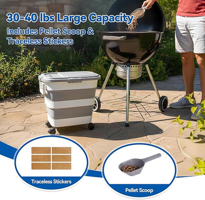 Wood Pellet Storage Container 30-40LB, Airtight Bin with Locking Lid & Clear Window, Collapsible Pellet Bucket with Wheels, Scoop & Labels, Light Gray