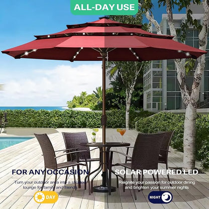 EliteShade USA 10-Year-Non-Fading 10ft 3-Tier Market Patio Umbrella, Commercial Table Umbrella with 80 Solar LED Lights, Crank Open, Windproof & UPF 50+ UV Protection for Garden, Deck, Pool, Backyard, No Tilt, Burgundy