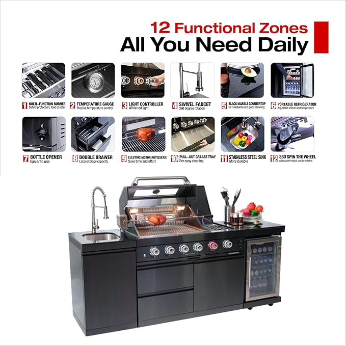 85in Modular Outdoor Kitchen Bar, 4 Burner 72000 BTU Deluxe Stainless Steel Gas Barbecue Island Kitchen for Backyard Cooking w BBQ Grill, Refrigerator, Rotisserie Kit, Countertops, Cabinets, Sink