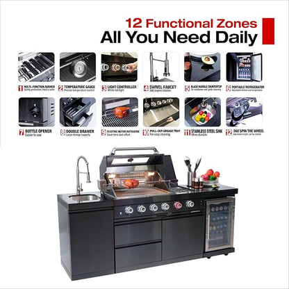 85in Modular Outdoor Kitchen Bar, 4 Burner 72000 BTU Deluxe Stainless Steel Gas Barbecue Island Kitchen for Backyard Cooking w BBQ Grill, Refrigerator, Rotisserie Kit, Countertops, Cabinets, Sink