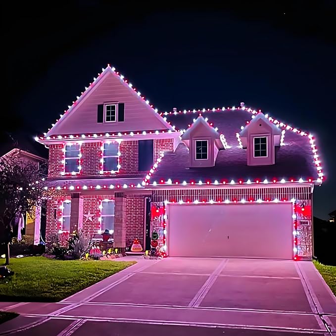 Solar Christmas Lights Outdoor 2 Pack 200 LED 66FT String Lights Red White | 8 Lighting Modes, Memory Function, Auto On/Off, IP65 Waterproof Twinkle Lights for Outside Tree Roof Fence Window Decorations