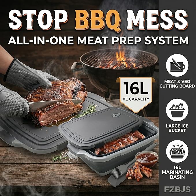 Collapsible BBQ Prep Tub with Lid & Cutting Board 16L - XL Meat Marinating Basin & Grill Carry System - 5pc Set with Heat Resistant Gloves, Basting Brush & Spatula (Black, Large, 16L)