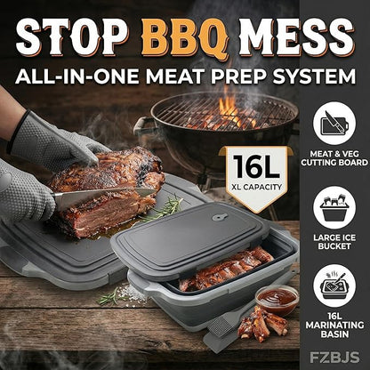 Collapsible BBQ Prep Tub with Lid & Cutting Board 16L - XL Meat Marinating Basin & Grill Carry System - 5pc Set with Heat Resistant Gloves, Basting Brush & Spatula (Black, Large, 16L)