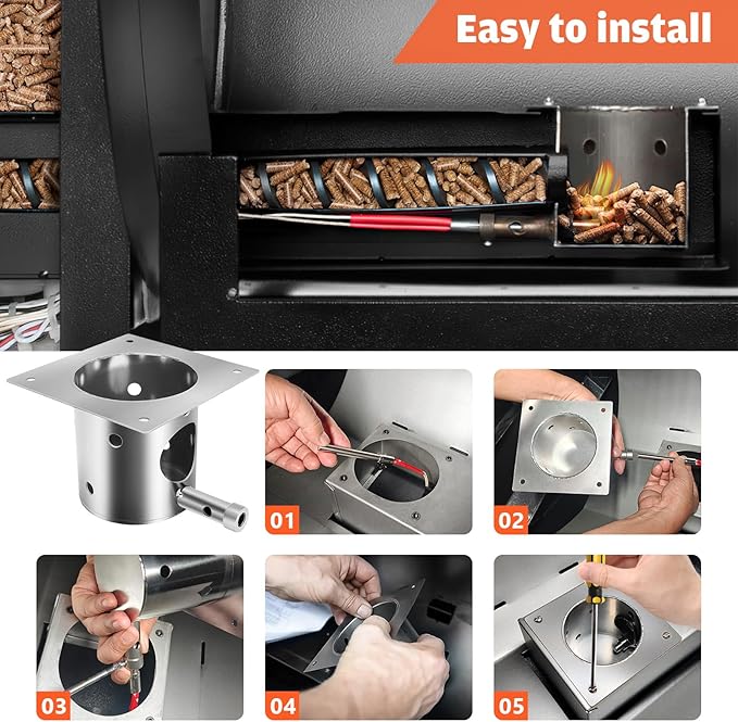 QuliMetal 304 Stainless Steel Fire Burn Pot & Hot Rod Ignitor Kit – Replacement Parts for Traeger & Pit Boss Wood Pellet Grill Smoker, Durable Fire Pot with Ash Remover, Screws and Fuse, Easy Install