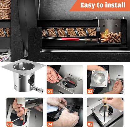 QuliMetal 304 Stainless Steel Fire Burn Pot & Hot Rod Ignitor Kit – Replacement Parts for Traeger & Pit Boss Wood Pellet Grill Smoker, Durable Fire Pot with Ash Remover, Screws and Fuse, Easy Install