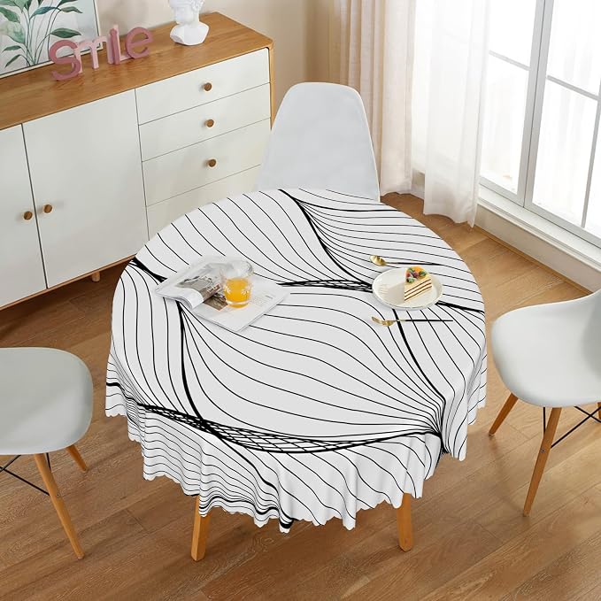 Black White Striped Round Tablecloth Abstract Modern Wave Stripes Washable Wrinkle Free Spill Proof Decorative Circle Table Cover for Dining Table Farmhouse Kitchen Restaurant 70x70 Inch