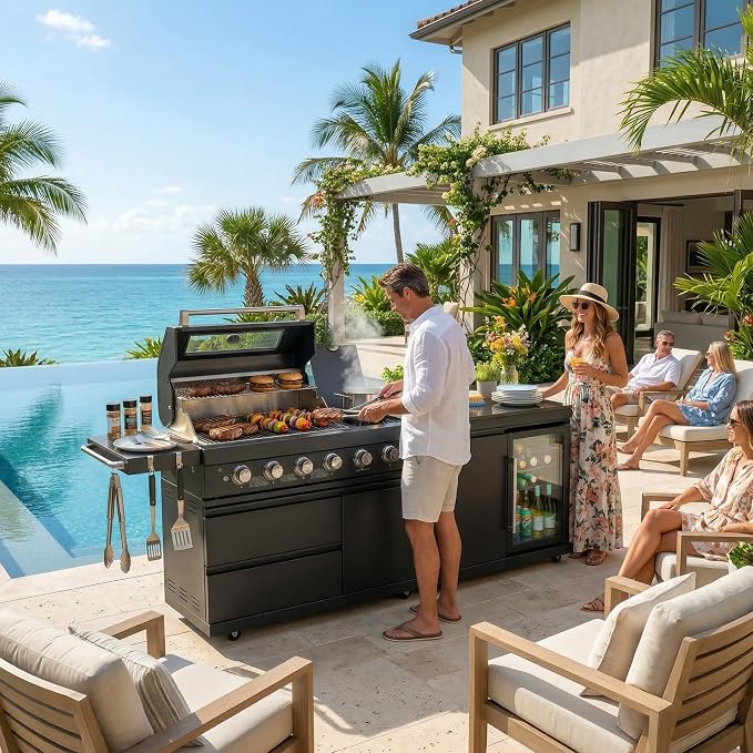 5-Burner Stainless Steel Grill with Rotisserie Oven,Mini Wine Fridge,Side Burner,Sink.Included Natural Gas converter.Black