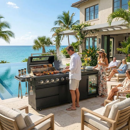 5-Burner Stainless Steel Grill with Rotisserie Oven,Mini Wine Fridge,Side Burner,Sink.Included Natural Gas converter.Black