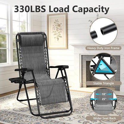 Zero Gravity Chairs Set of 2, Adjustable Lounge Chair Outdoor Recliner, Folding Reclining Lawn Chair, Anti Gravity Chair with Pillow & Cup Holder for Pool Camping Sunbathing Beach Patio (Gray)