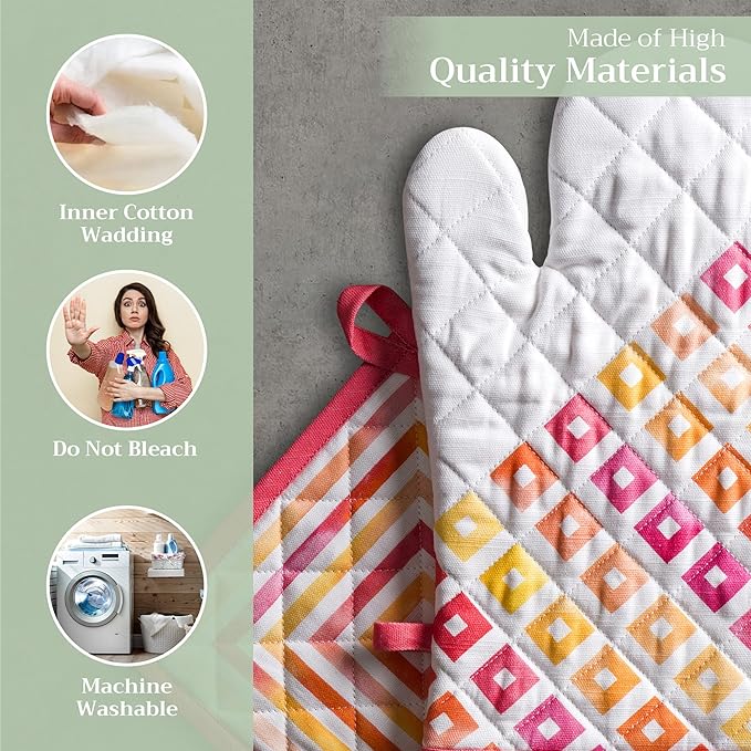 Maison d' Hermine 100% Cotton Oven Mitt & Pot Holder Set (7.5"x13" & 8"x8") Heat Resistant BBQ Cooking Gloves with Loop Baking Grilling Kitchen Hotel Home Farmhouse Spring Summer (Summer Maze)