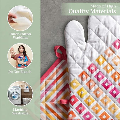 Maison d' Hermine 100% Cotton Oven Mitt & Pot Holder Set (7.5"x13" & 8"x8") Heat Resistant BBQ Cooking Gloves with Loop Baking Grilling Kitchen Hotel Home Farmhouse Spring Summer (Summer Maze)