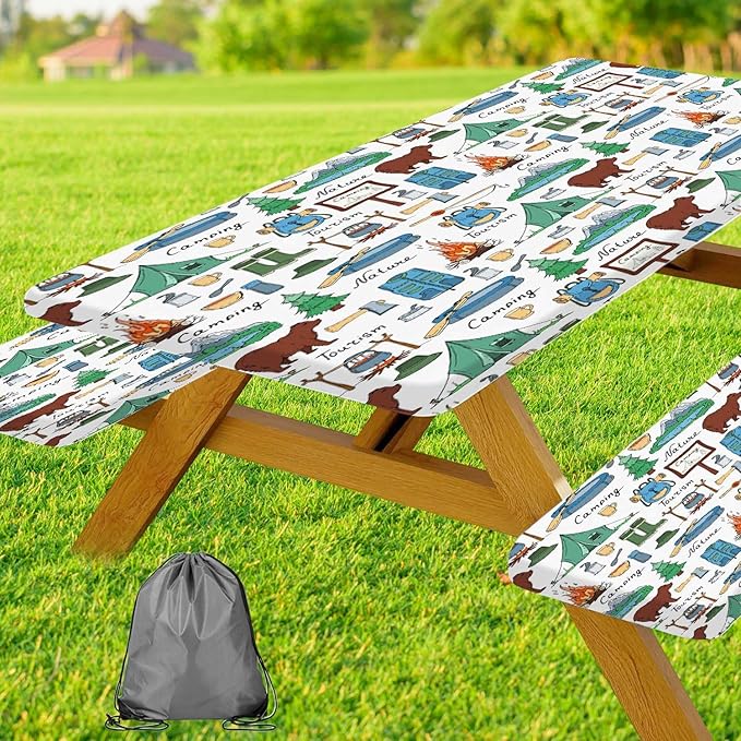 JAWO Camper Picnic Table Cover with Bench Covers, Camping Bear Tent Nature Camper RV Essentials Gear Supplies Outdoor Waterproof Windproof Tablecloth with Elastic, 30X60in