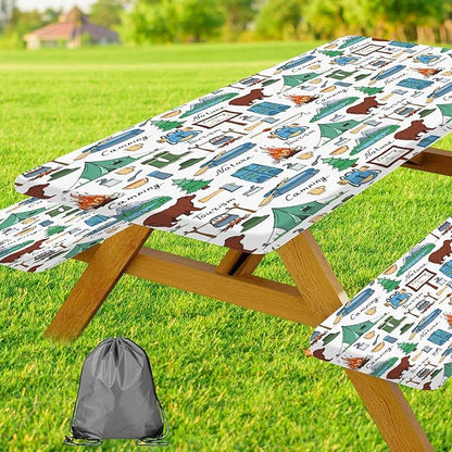 JAWO Camper Picnic Table Cover with Bench Covers, Camping Bear Tent Nature Camper RV Essentials Gear Supplies Outdoor Waterproof Windproof Tablecloth with Elastic, 30X60in