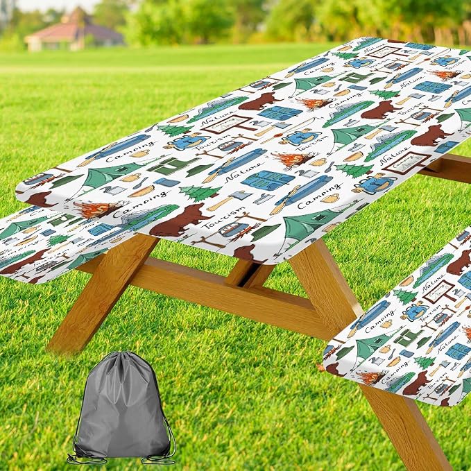 JAWO Camper Picnic Table Cover with Bench Covers, Camping Bear Tent Nature Camper RV Essentials Gear Supplies Outdoor Waterproof Windproof Tablecloth with Elastic, 30X96in