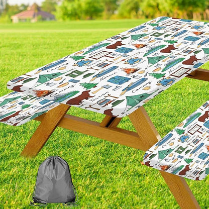 JAWO Camper Picnic Table Cover with Bench Covers, Camping Bear Tent Nature Camper RV Essentials Gear Supplies Outdoor Waterproof Windproof Tablecloth with Elastic, 30X96in