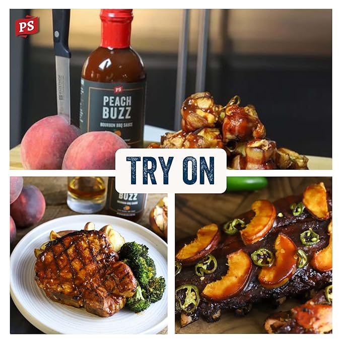 PS Seasoning Peach Buzz Bourbon BBQ Sauce - All-Purpose Sauce for Glazing, Marinating, Basting, and Dipping - Great for Ribs, Pork Chops, Chicken Wings, Pulled Pork, Salmon, Kabobs and more