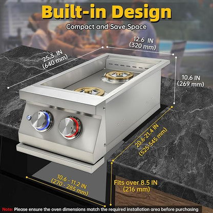 Double Side Burners for Outdoor Grill, Heavy-Duty 304 Stainless Steel | 2x17,000BTU Liquid Propane Side Burner with Cast Brass Burner, Built-in Side Burners with LED for Outdoor Kitchen BBQ Island