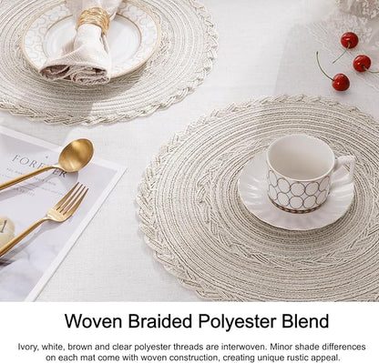SHACOS Round Placemats Set of 6 Boho Braided Bordered Place Mats 15 inch for Dining Tables Wedding Holiday Party (Ivory Bordered, 6)
