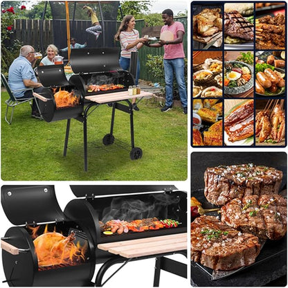 BBQ Grill Charcoal Offset Smoker with Wheel & Storage Shelf & Thermometer,High Temperature Spray Paint 500-600 Degrees,Oil Barrel Charcoal Furnace,Outdoor for Camping,Black