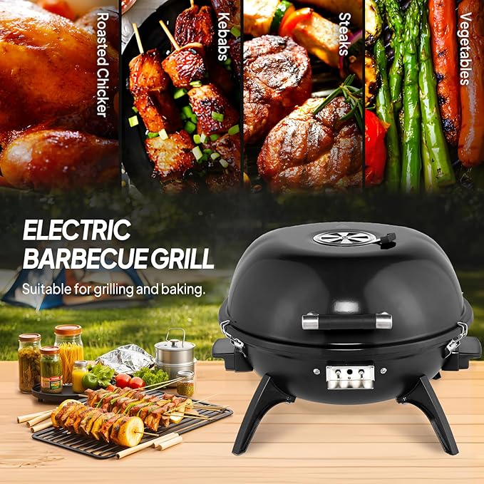 ROVSUN 1600W Vertical Electric Grill with Lid, Red 304 Stainless Steel Grill w/Detachable Pull-out Drip Tray, Double Layer Design, Portable & Removable, for Indoor and Outdoor Use (Black Tabletop)