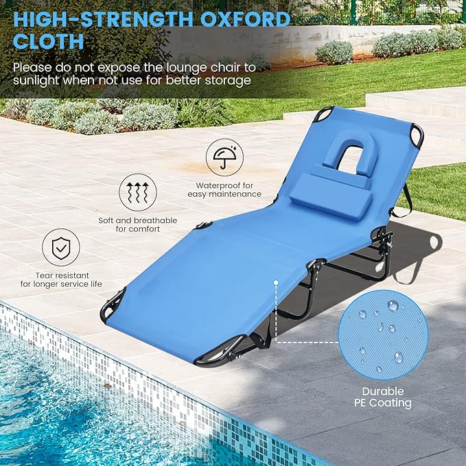 GYMAX Tanning Chair, 330lbs Beach Lounge Chair with Face Hole, Washable Pillow & Carry Strap, Adjustable Folding Chaise Lounge, Layout Lounger for Outside, Patio, Poolside, Lawn (1, Blue)