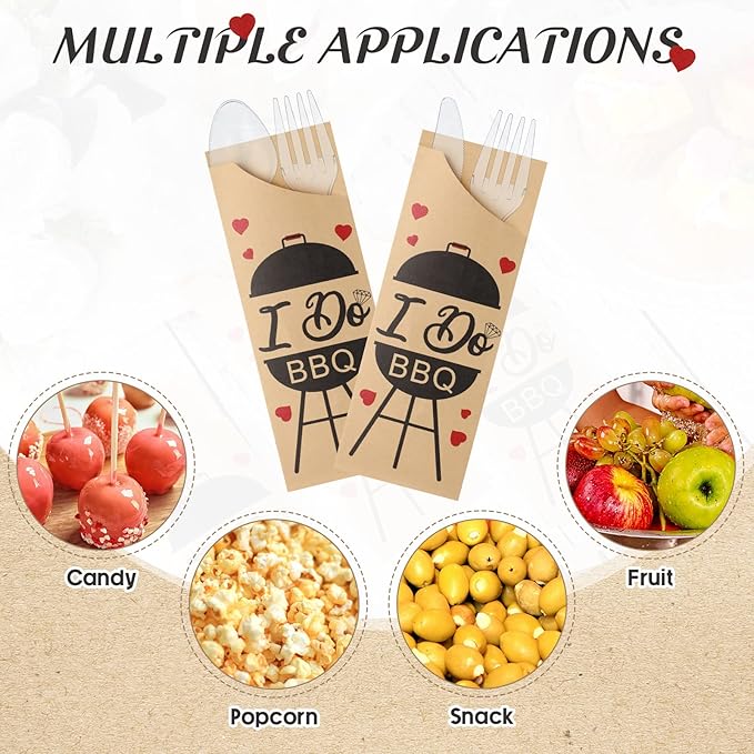 WILLBOND 400 Pcs I Do BBQ Decorations Kraft Paper Silverware Bags with Plastic Forks Knives Spoons Disposable Cutlery Utensil Holder for Wedding Party BBQ Restaurant Kitchen