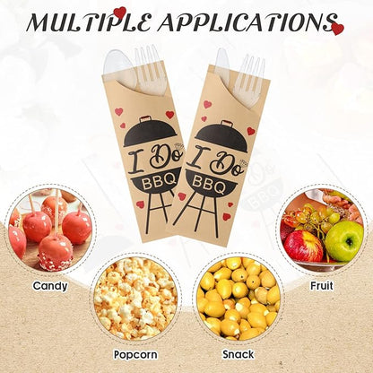 WILLBOND 400 Pcs I Do BBQ Decorations Kraft Paper Silverware Bags with Plastic Forks Knives Spoons Disposable Cutlery Utensil Holder for Wedding Party BBQ Restaurant Kitchen