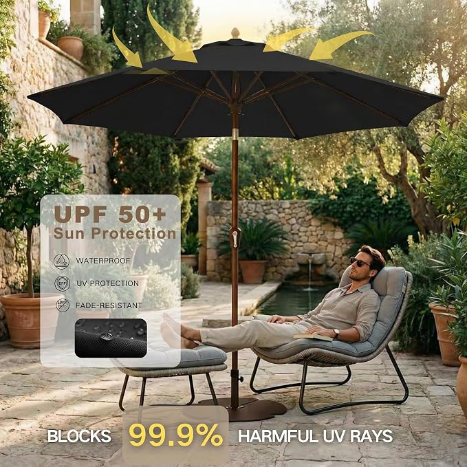 Kingdura 9FT Outdoor Patio Umbrella, Round Market Table Umbrella with Push‑Button Tilt and Crank Lift, 8 Sturdy Metal Ribs, UV50+ Protection Canopy for Backyard, Lawn, Deck, Poolside, Garden (Black)