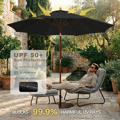 Kingdura 9FT Outdoor Patio Umbrella, Round Market Table Umbrella with Push‑Button Tilt and Crank Lift, 8 Sturdy Metal Ribs, UV50+ Protection Canopy for Backyard, Lawn, Deck, Poolside, Garden (Black)